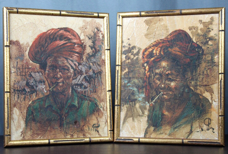 Pair signed, original paintings, portraits on Tobacco leaves, Asian man & woman