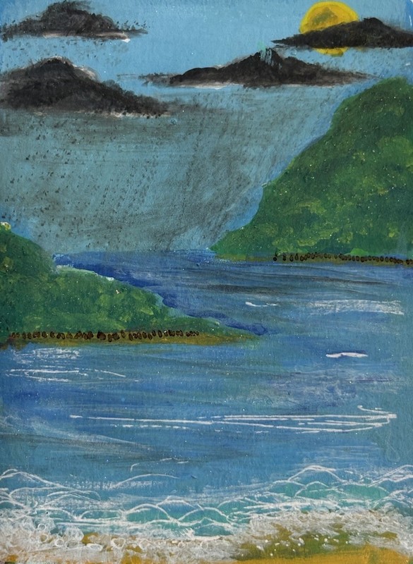 ACEO Original Art OOAK Painting – Cosmic Nature #5 Rainy Day Ocean Waves Art ATC