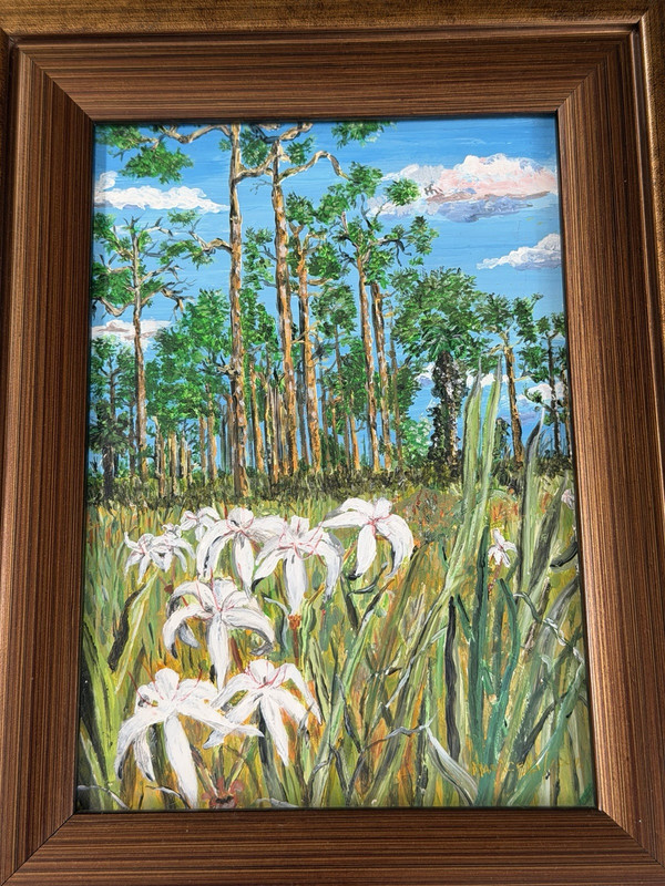 Framed Original Floral Landscape Painting Wood Frame White Iris Nature Art Decor