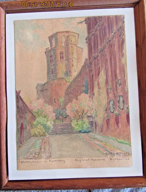 Glockenturm in Heidelberg Germany Watercolor by Alfred Osso 1962