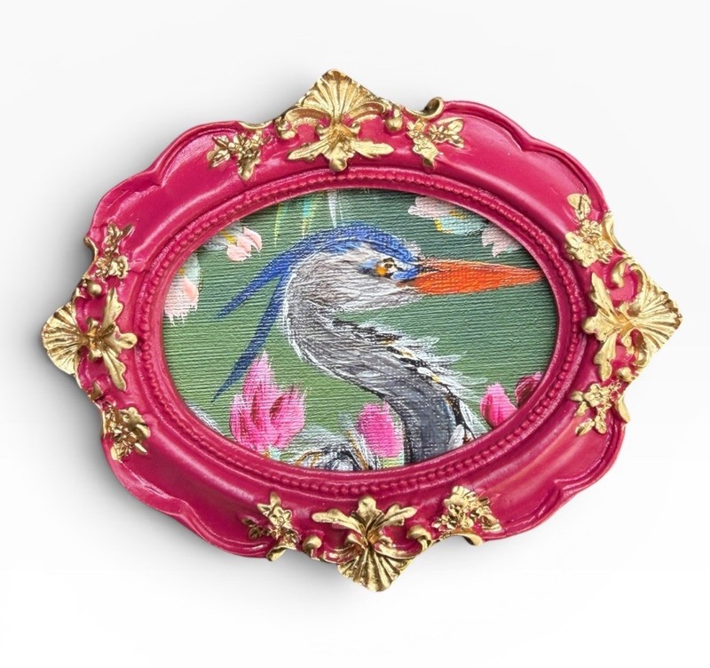 Blue Heron mini watercolor bird print of original painting • ornate frame
