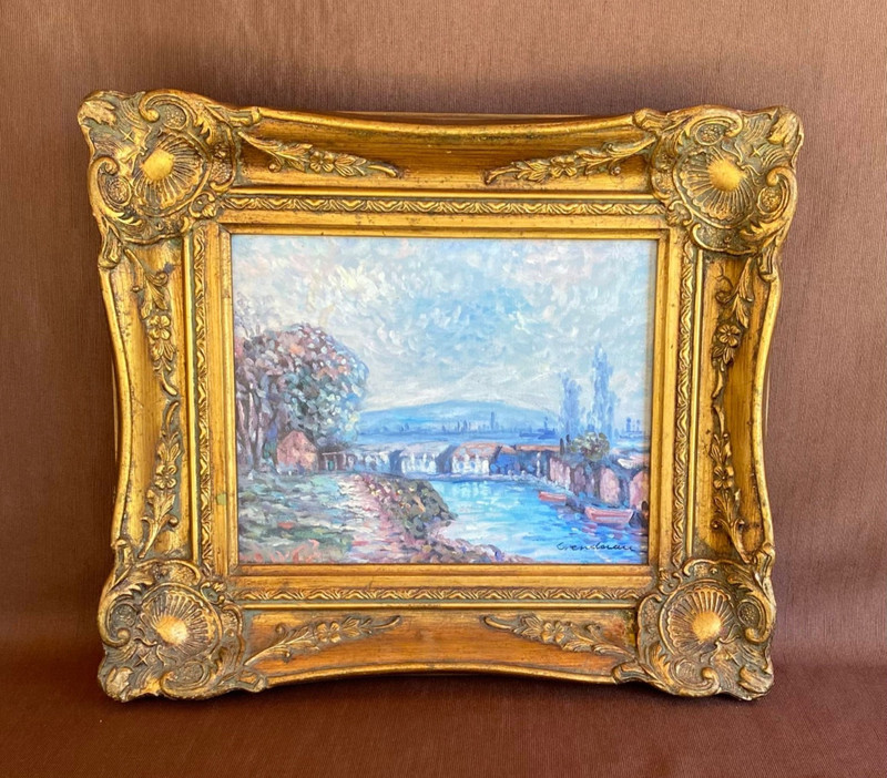 Impressionist View on a Riverside Town – John Clymer Style – Oil on Canvas Beaut