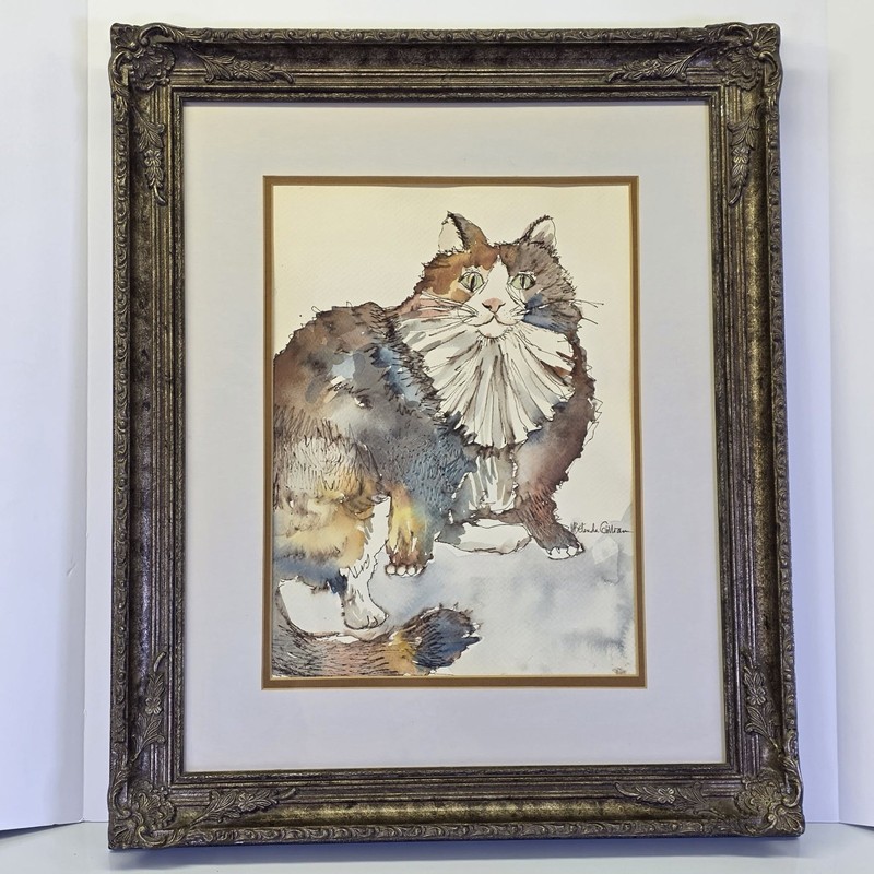 Original Watercolor Calico Cat Painting – Professionally Framed 15.5″ x 14.5″