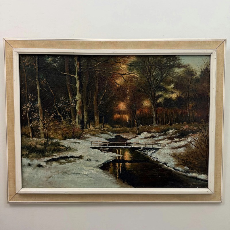 Elegant Winter Landscape Oil Painting «Snowy Bridge» Original Large Art