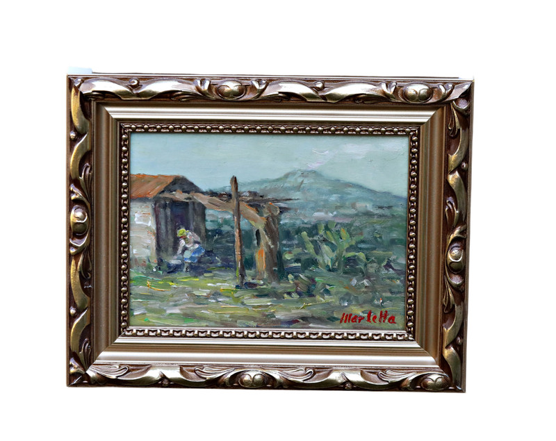 Giuseppe Marletta Oil Painting, Signed, Landscape With Woman and Volcano, Framed