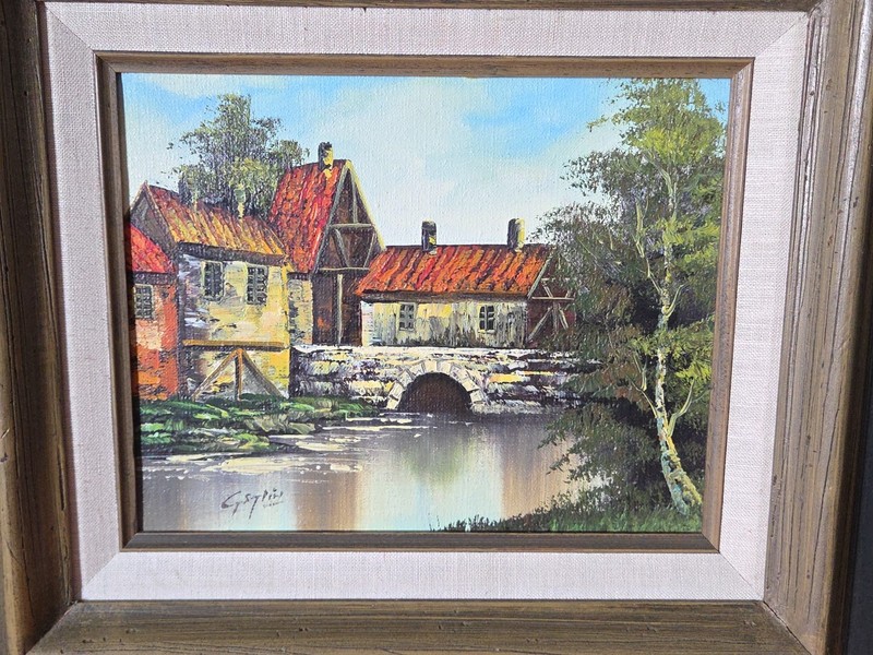 European Scene of Bridge, River & Buildings Oil Painting Signed 18 1/4" X 16.5" gallery