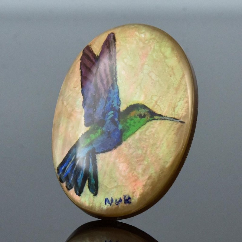Hummingbird Original Artisan Painted Mother-of-Pearl Shell Oval Cabochon 30x21mm gallery
