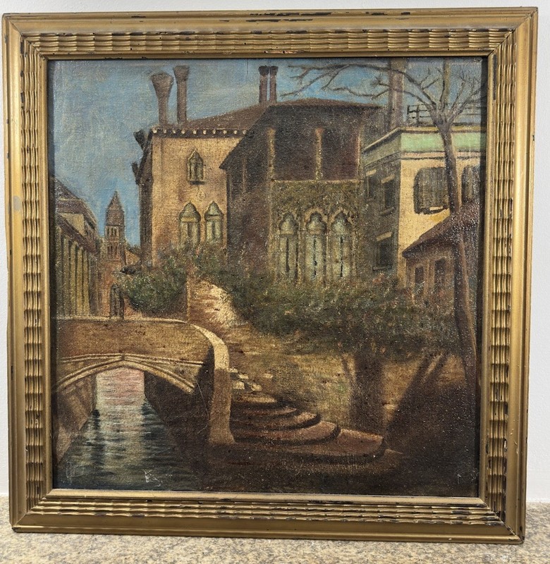 Oil On Panel: Presumed View Of A Canal In Venice Italian School Italy