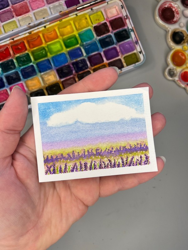 ACEO Original Art – Lavender Field Big Blue Sky Puffy Cloud 2.5”x3.5” CCCArt_MJ