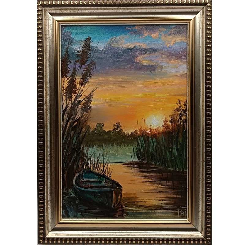 Original Miniature Sunset Lake Oil Painting Boat River Landscape 4×6 Small Art