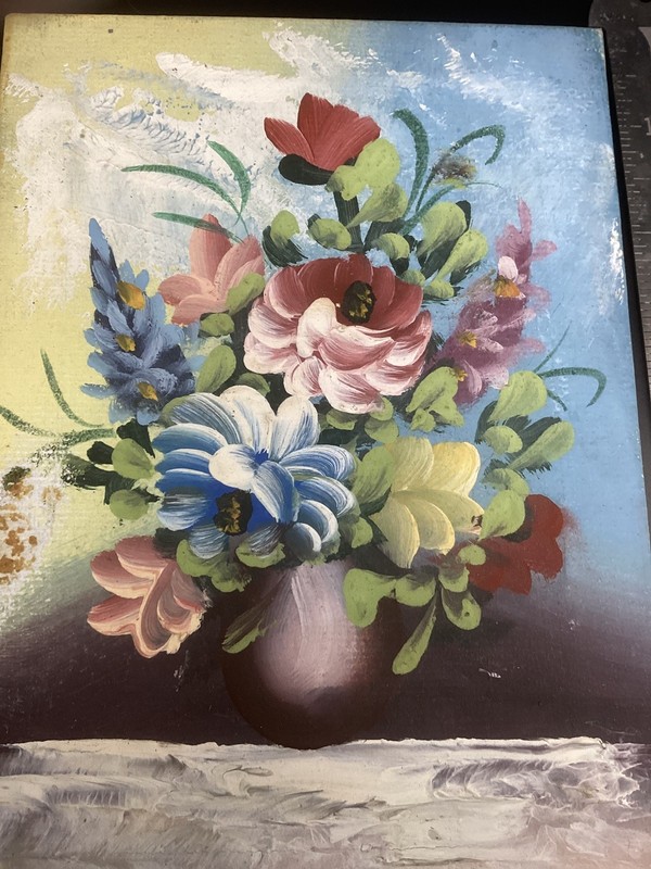 Vintage Mini Oil Painting Flower Roses Greens Still Life on Canvas 5x7 Art Boho gallery