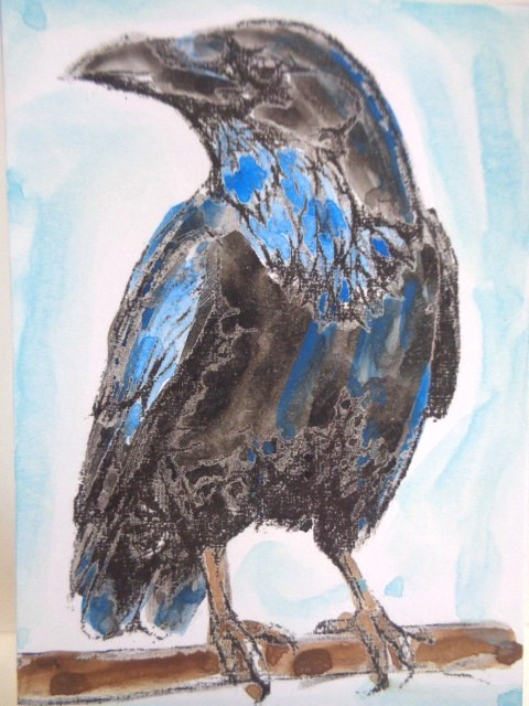 ACEO Black RAVEN CROW BIRD Painting Art