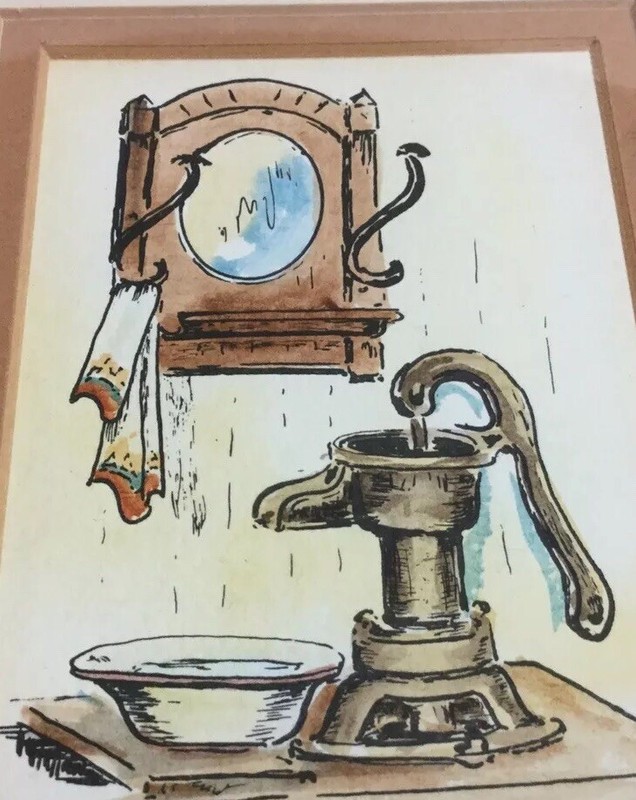 Old Water Pump Country Kitchen Watercolor & Ink Hand Painting B. Kaiser Framed