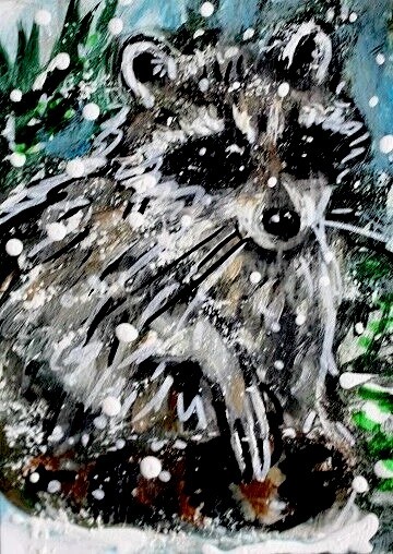 ORIGINAL ACEO RACCOON Painting Winter Snow Wild Animal Coon Pine Tree Nature ART