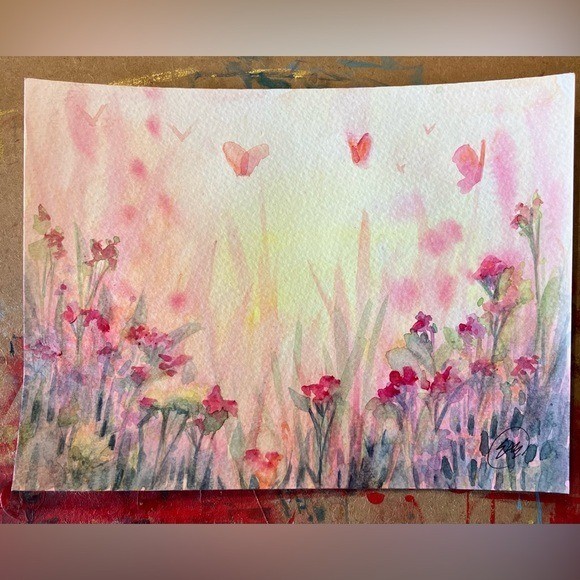 ORIGINAL Butterflies Landscape Watercolor Painting Floral Flowers Artwork USA