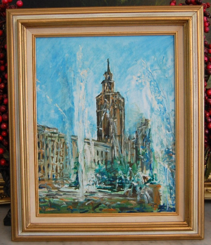 FRAMED ORIGINAL HECTO VIDAL OIL BUILDINGS WITH FOUNTAINS METROPOLITAN CITYSCAPE gallery