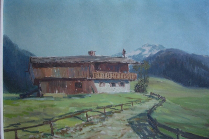 Oil Painting Circa 1940 Alps Berghof °Alm Spring Panorama Frame Antique Unsigned gallery