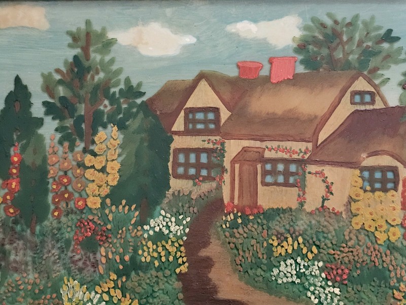 Rare 1930s FRONT OF GLASS PAINTING Cottage Country Garden Hollyhocks COTTAGECORE gallery