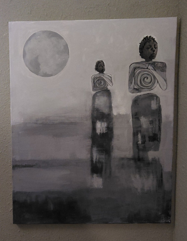 Abstract Contemporary Black & White Canvas Painting Women Figures Moon Unframed
