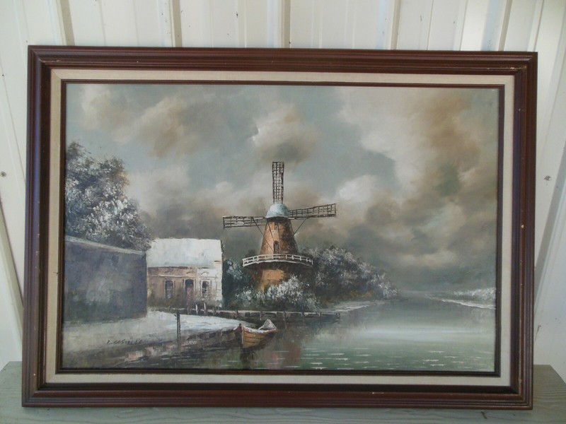 Vintage I. Costello Seascape Harbor Windmill 40″ x 32″ Oil on Canvas Painting