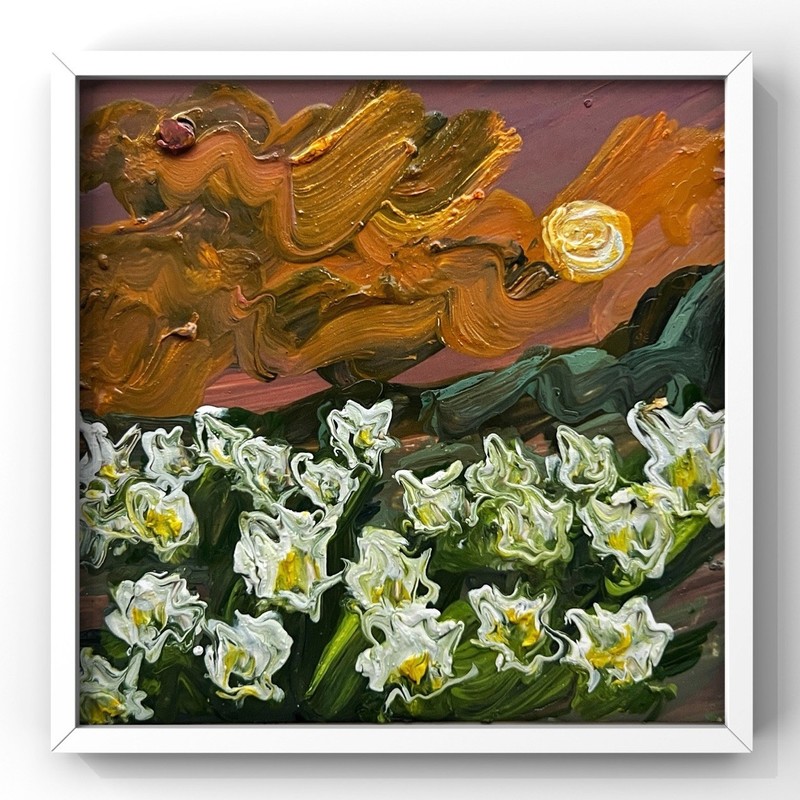 Framed Abstract Floral Oil Painting, Cahaba Lily Nature Art, Sunset Alabama Art