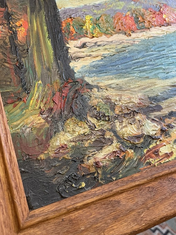 VTG Original Oil Painting 3D Palette Knife Forest Landscape Wood Frame 12x16 MCM gallery