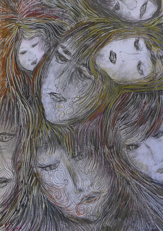 ORIGINAL FEMALE DRAWING 13 X 9 INCH BROWND BLACKS PENCILS BY RIVKA FILIIN gallery