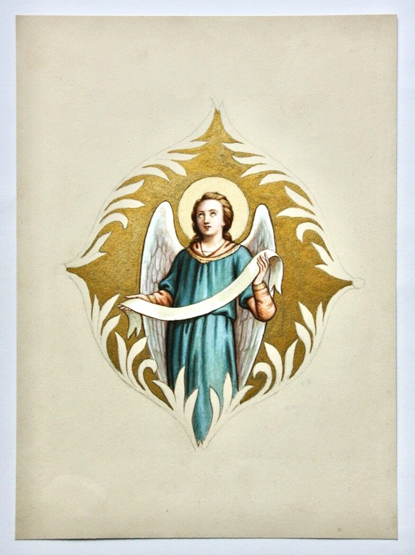 Angel with ribbon against gold background in ornamental cartridge, gouache, 19th century gallery
