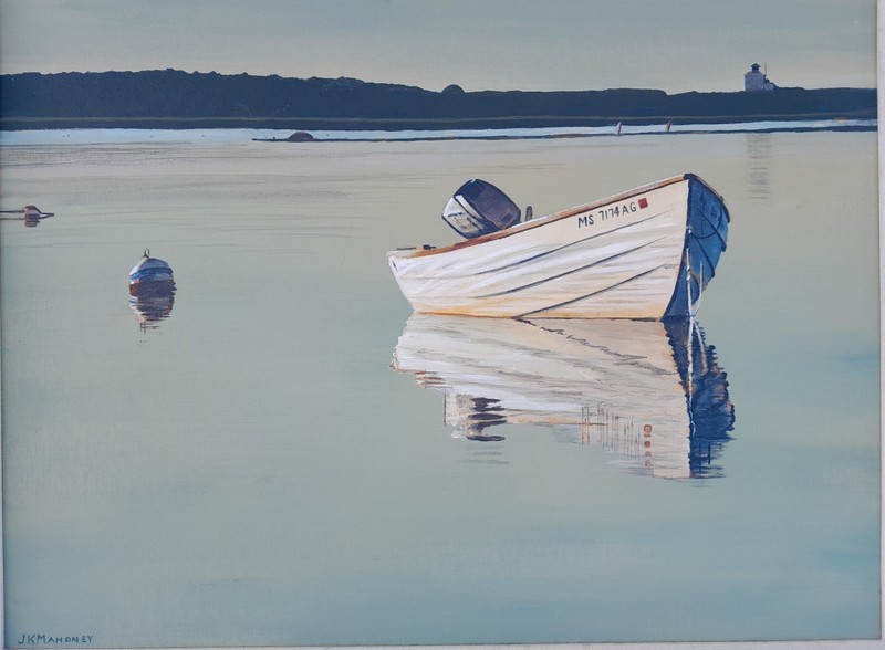 J K MAHONEY(JACQUELINE)CONTEMPORARY OIL/CANVAS "NEW ENGLAND HARBOR SCENE" SIGNED gallery