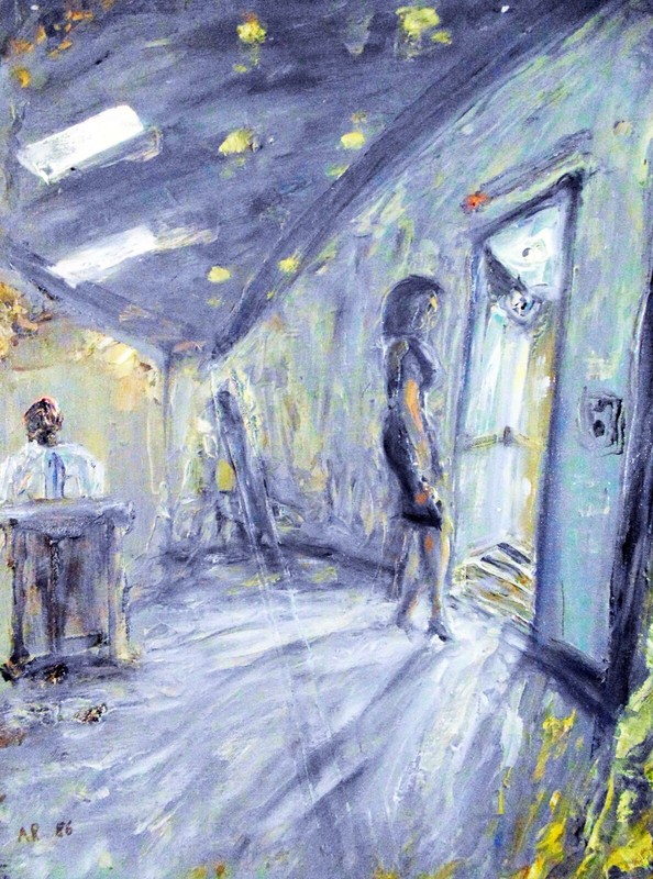 LOBBY WITH STREET REFLECTIONS -Arthur Robins Original OIL Painting NYC Cityscape gallery