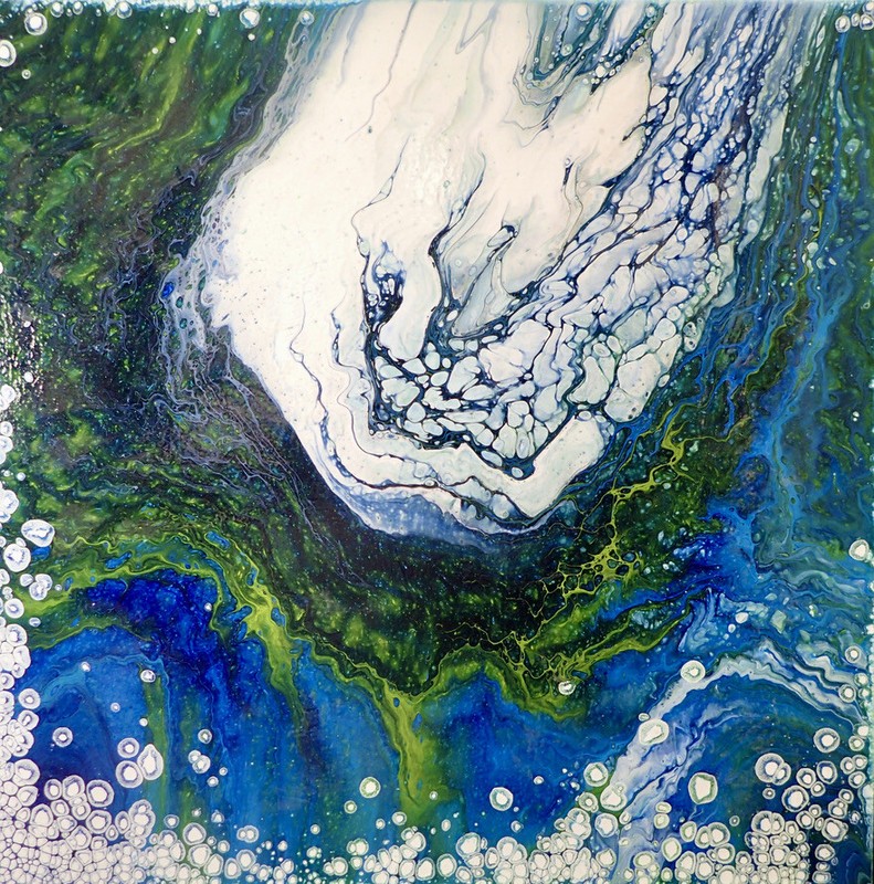 Original «Peaceful» Acrylic Fluid Pour Painting 20×20 Canvas Resin Coated AR10