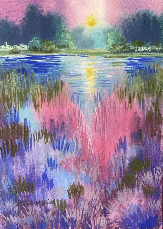 Over 5”x7” Pamela Wilhelm Original Watercolor Nocturne Marsh Moon Bayou Pink