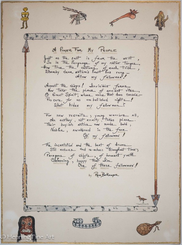 Fine Seneca Native American Hand Written Poem and Watercolor by Reva Berkmeyer