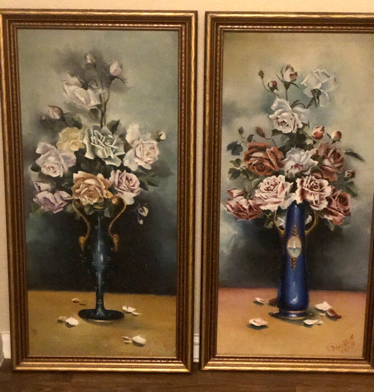 Large Pair Floral Still Life Oil Paintings in Original Gold Frame