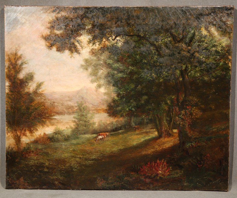 19th Century American beautiful Country Landscape With Cows by the Lake