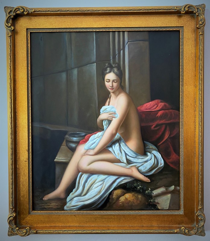 Large Oil Painting – The Lady at Boudoir – Ornate Gold Frame