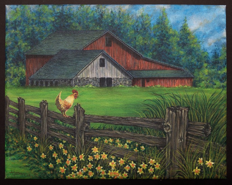 Rustic Barn Landscape, Original Acrylic Painting on 11 x 14 Canvas, Country Farm