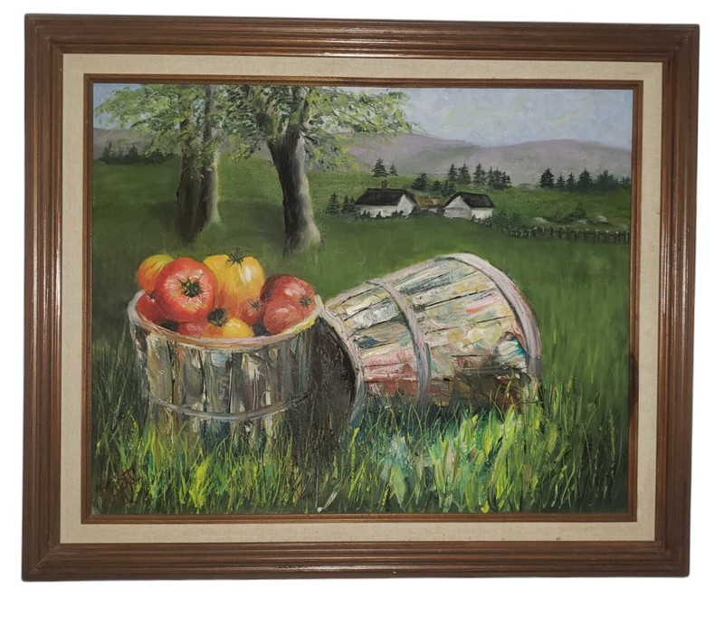 Vintage Oil On Canvas Farm Landscape Tomato Harvest Signed Linda Aptt