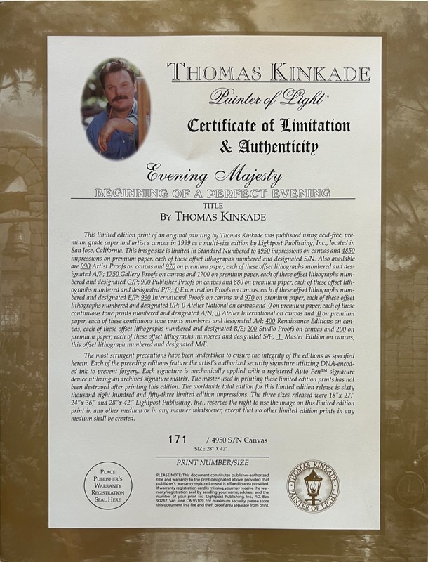 THOMAS KINKADE - EVENING MAJESTY - 28" X 42" S/N HE CANVAS w/COA gallery