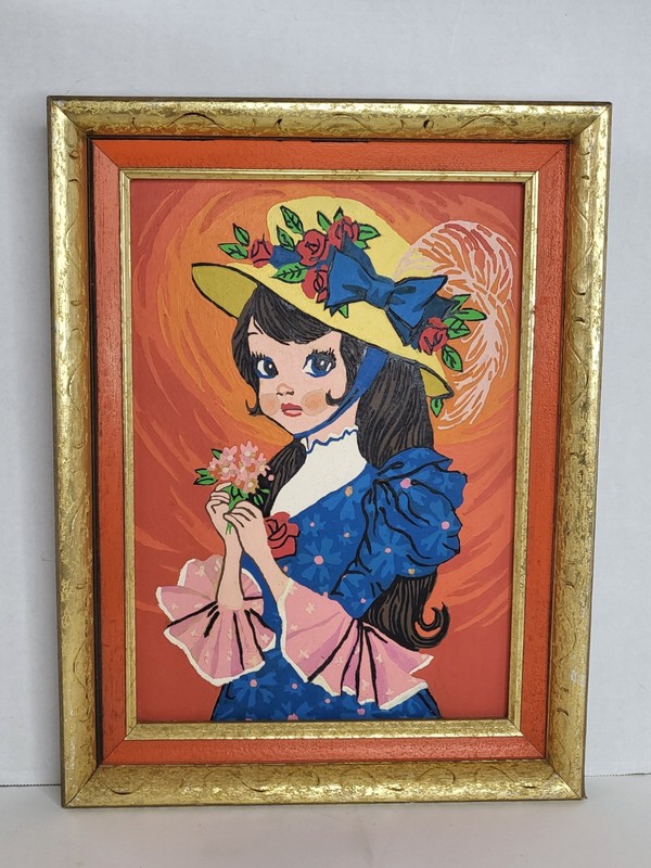 Vintage Paint By Number Framed Artwork Big Eyed Girl Dark Hair Bonnet 1960s-70s