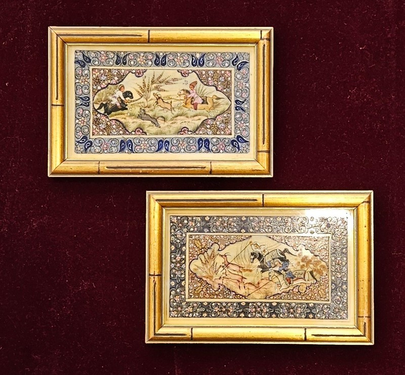 Vintage – Pair of Persian Miniature Hunting Painting on Camel Bone – Excel Cond
