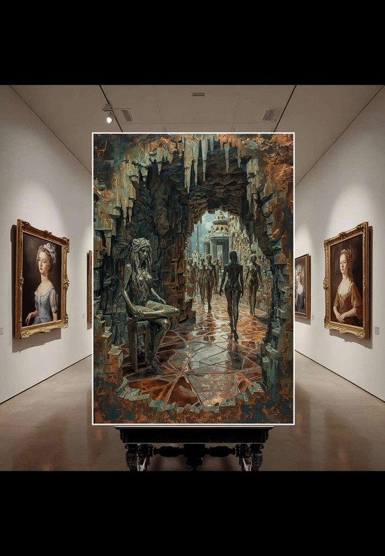 A work of art on canvas, a woman in copper 75 x 108cm