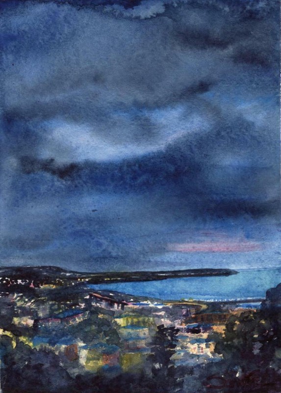 Quiet Night Ventura California Sandra Stone Signed LE Watercolor Print Coastal