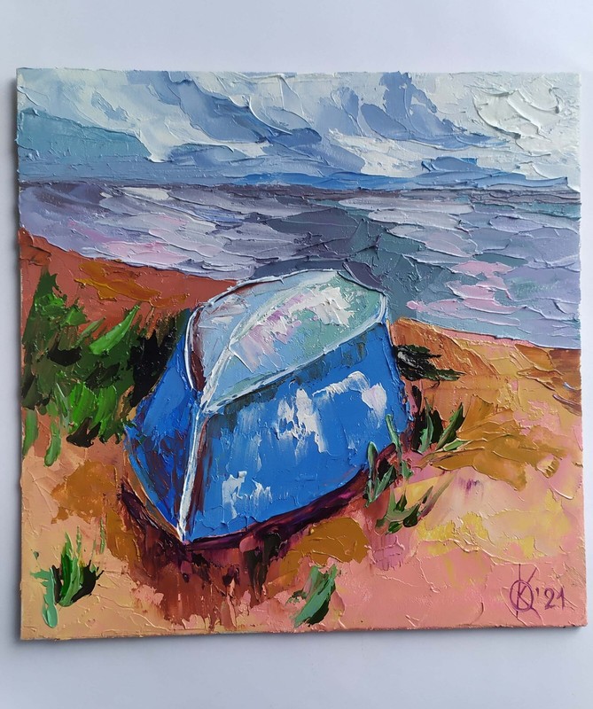 oil painting on panel original hand made art with a boat on the coast