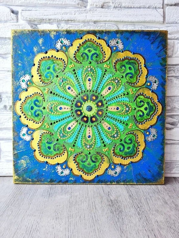 Mandala on wood Yoga art Original painting Green Meditation wall decor Zentangle