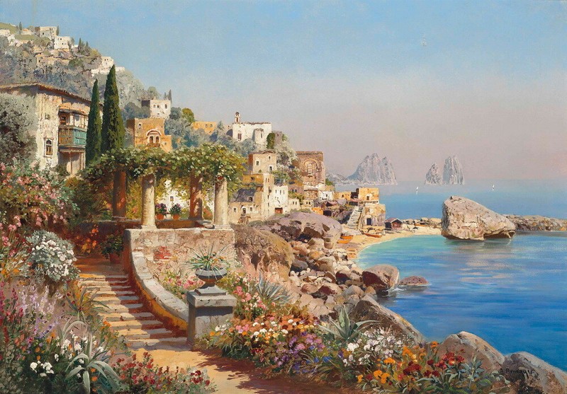 Coast capri landscape Oil painting Wall art Giclee Printed on Canvas P1685
