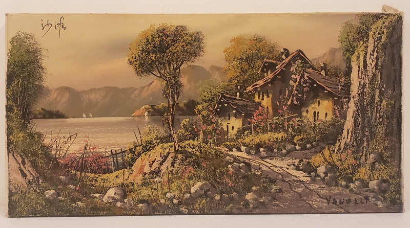 House By The Lake Landscape Oil Painting on Canvas (12″ x 24″)