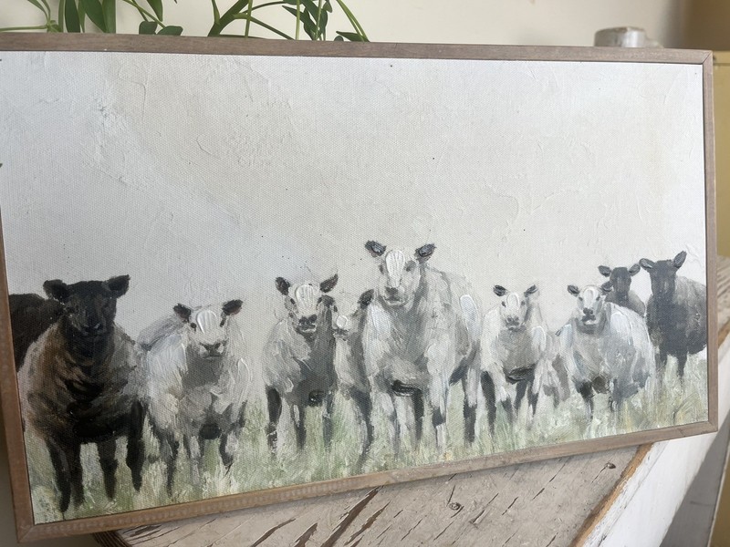 Herd Of Sheep In A Meadow (2 Sided) Framed Painting 14” x 8” / Cottage Country