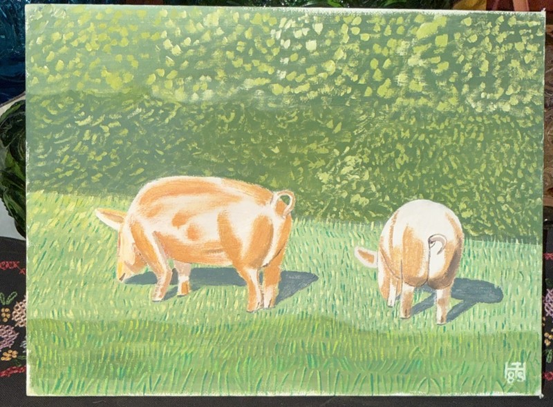 Pig Painting Original 9×12 Canvas Signed 1985 Titled “Two Porkies”