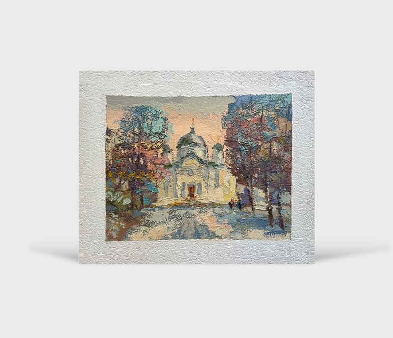 Oil painting Winter Excursion Ukrainian painter Fiberboard original landscape